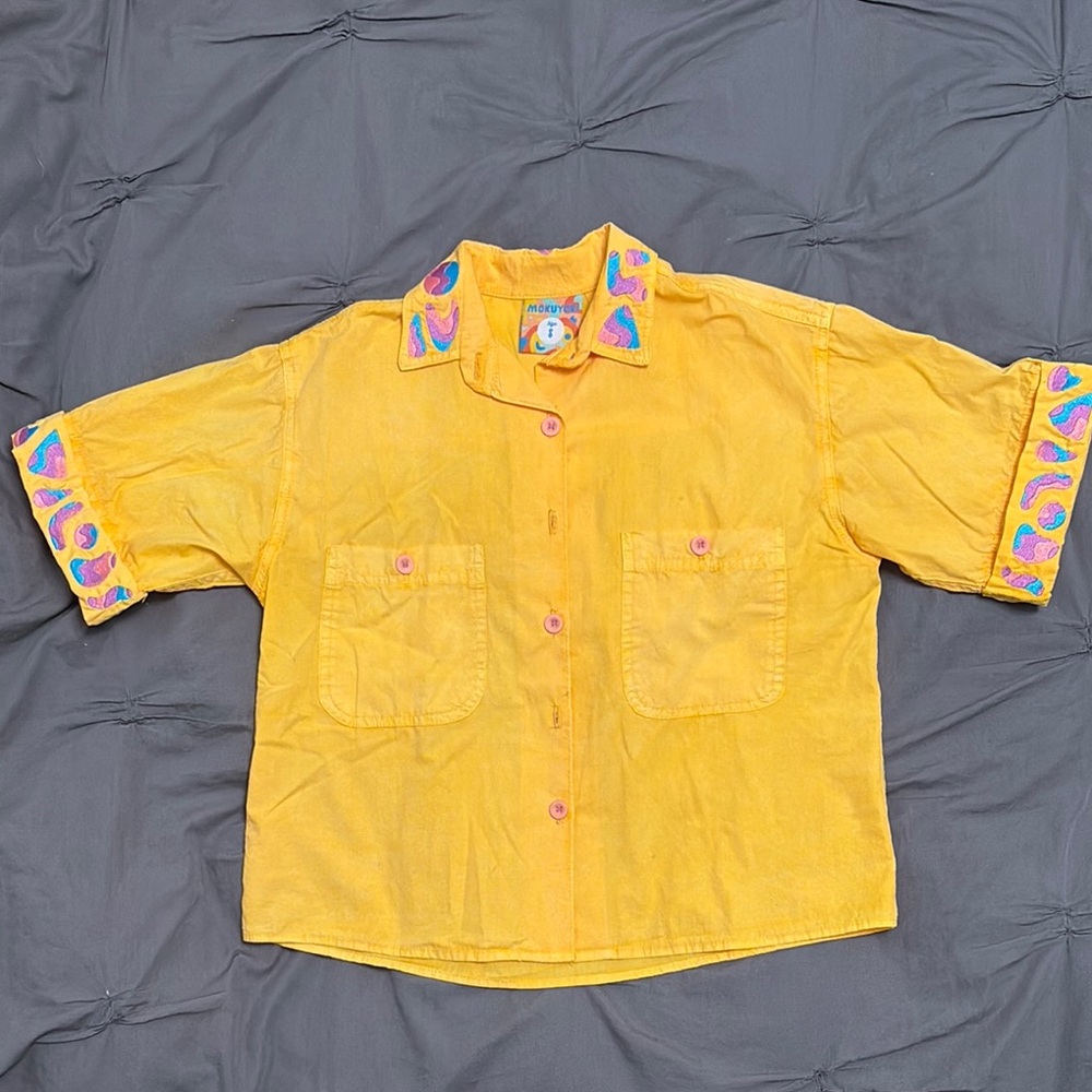 Mokuyobi Yellow cropped Button Down Shirt with Multicolor Trim